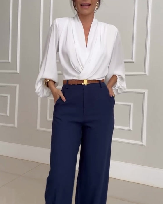 Solid Colour V-Neck Lantern Sleeve Blouse