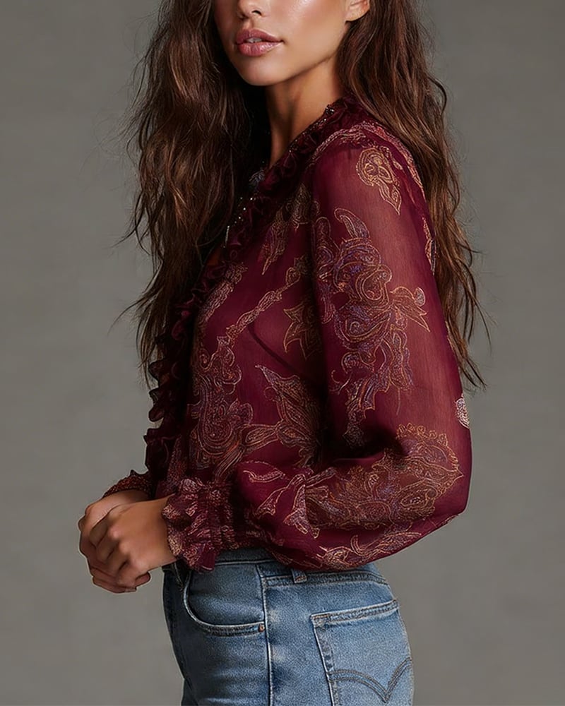 Sabine | Retro Ruffle Half-Zip Blouse