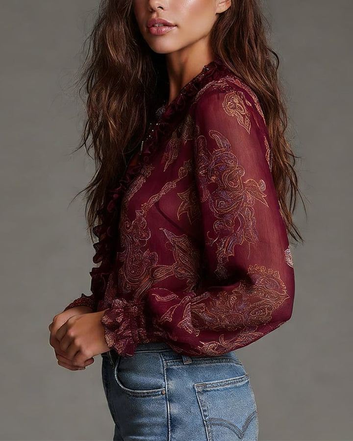 Sabine | Retro Ruffle Half-Zip Blouse