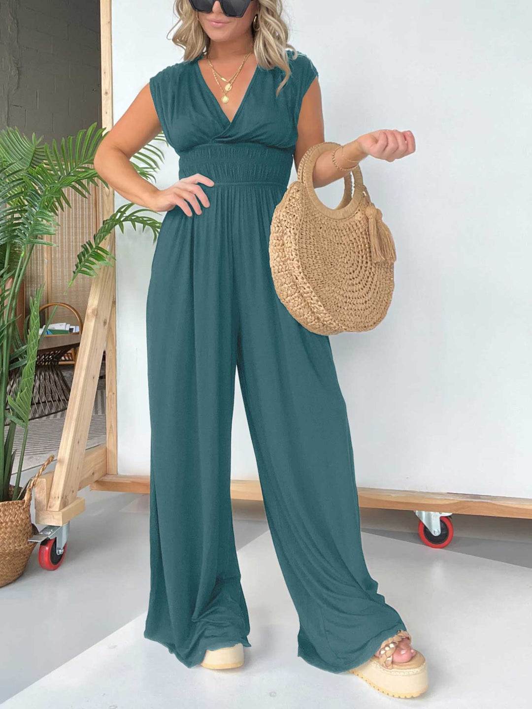 Eaksone - V-Neck Jumpsuit with Adjustable Back Knot