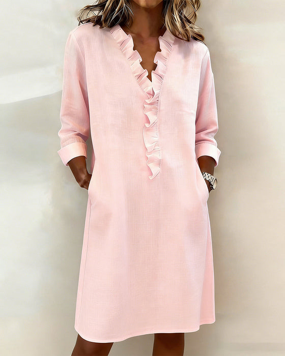 Plain V-Neck Ruffled Dress