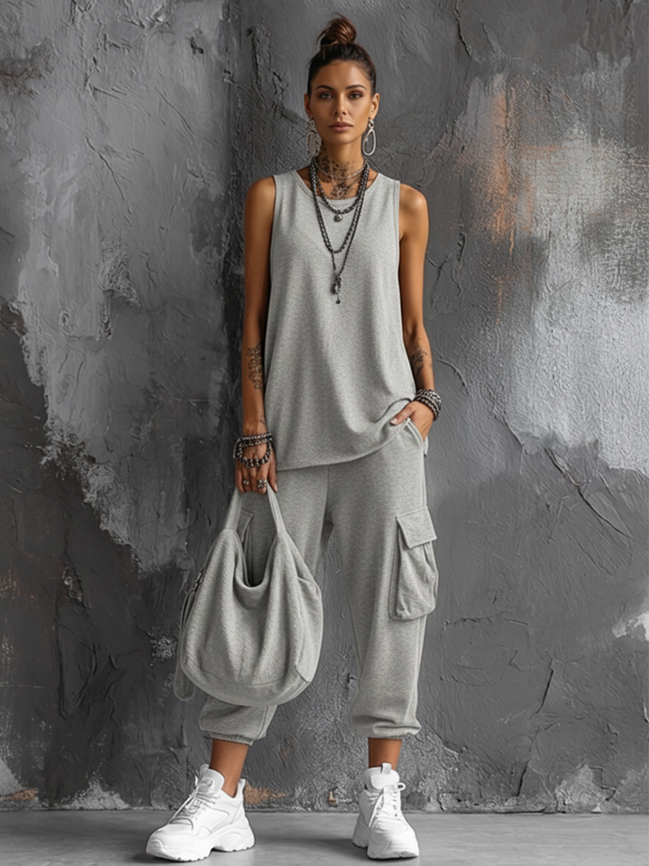Dark Grey Cotton Sleeveless Top Set + Casual Style Women's Cargo Jogger Trousers