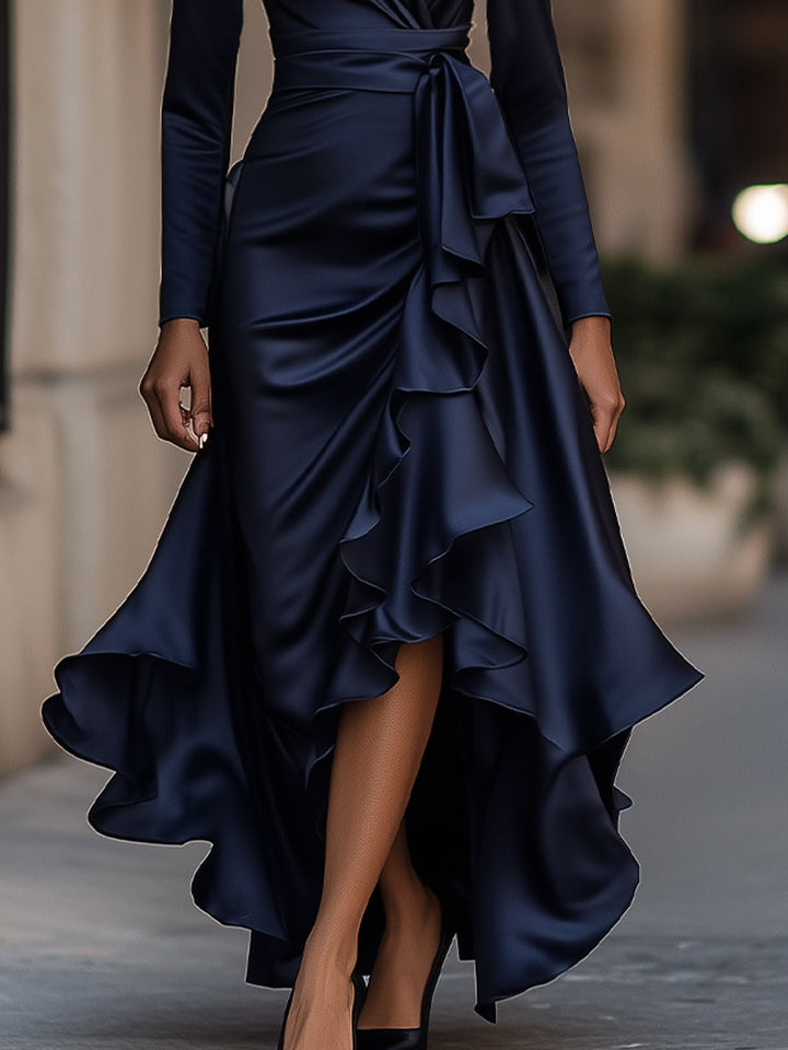 Palma | Maxi Dress in Draped Satin with Ruffle Details