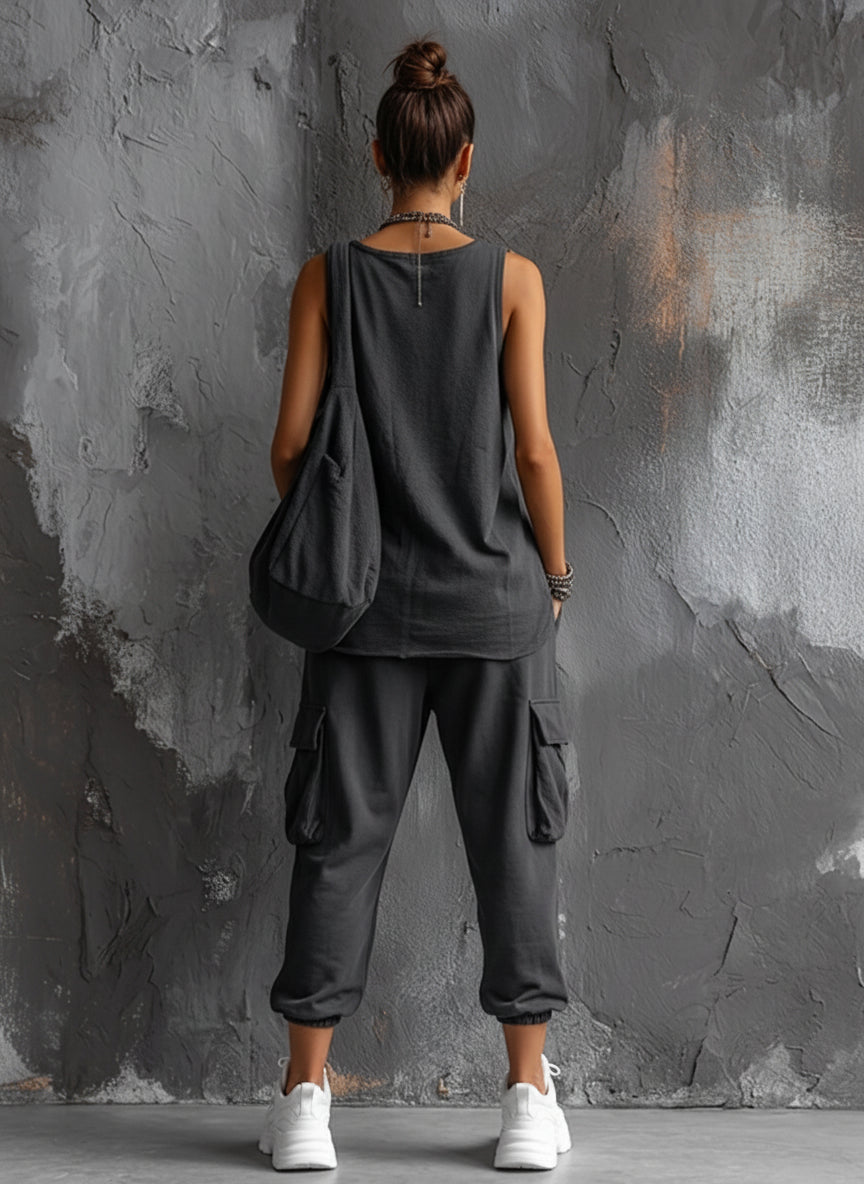 Dark Grey Cotton Sleeveless Top Set + Casual Style Women's Cargo Jogger Trousers