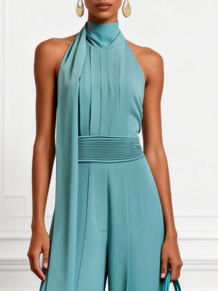 Sleeveless Halter Neck Pleated Jumpsuit in Blue