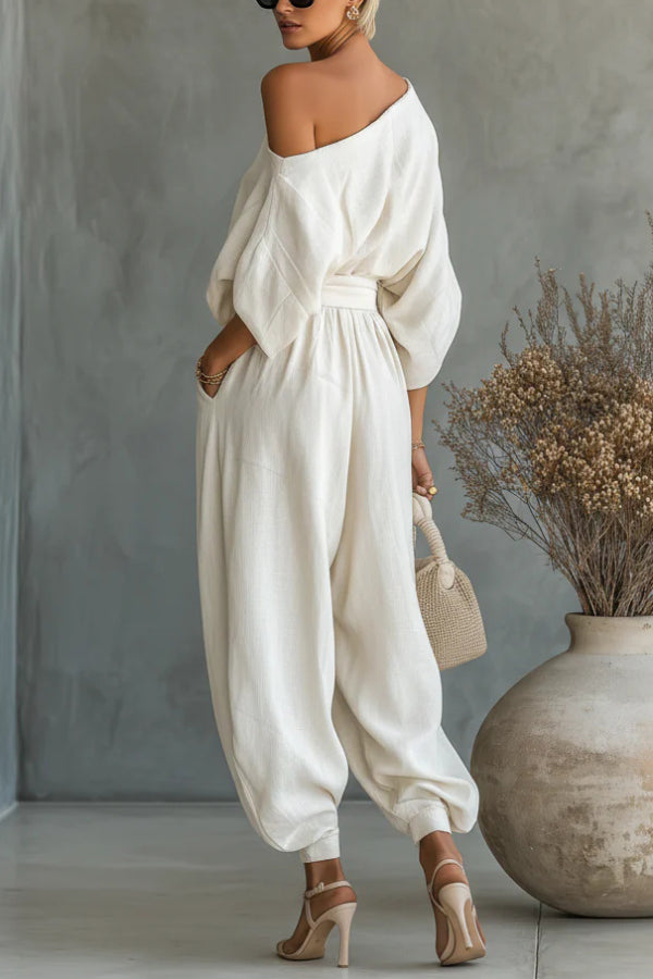 Solid Colour Off-Shoulder Loose Top and Elastic Waist Casual Pocket Wide-Leg Trousers Set