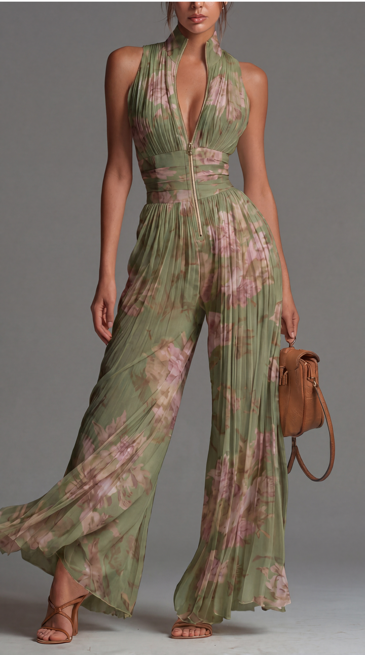 Vivienne | White Pleated Floral Chiffon Jumpsuit