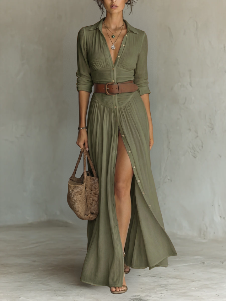 Long Maxi Dress with Collar and Long Sleeves in Linen for Women