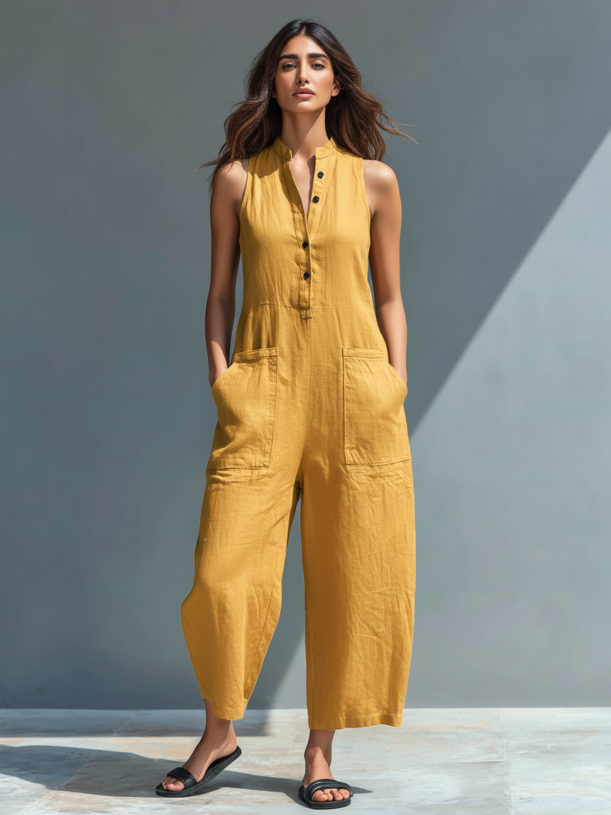 Claudia | Minimalist Linen Jumpsuit for Women, Sleeveless, High Neck and Buttons