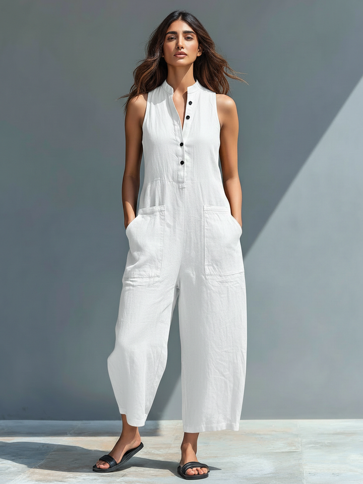 Claudia | Minimalist Linen Jumpsuit for Women, Sleeveless, High Neck and Buttons