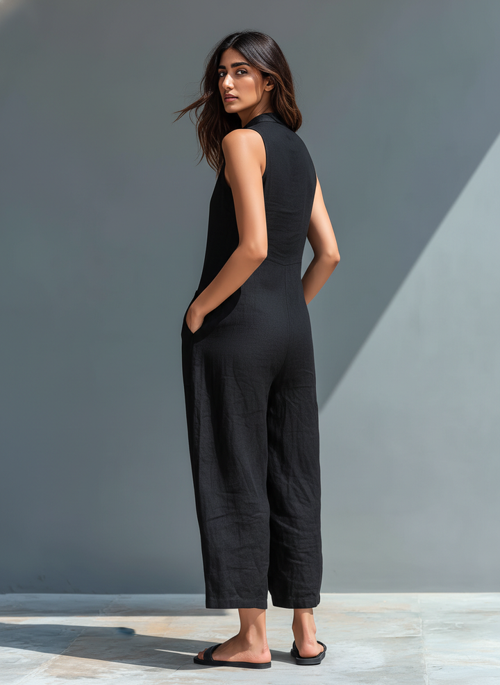 Claudia | Minimalist Linen Jumpsuit for Women, Sleeveless, High Neck and Buttons