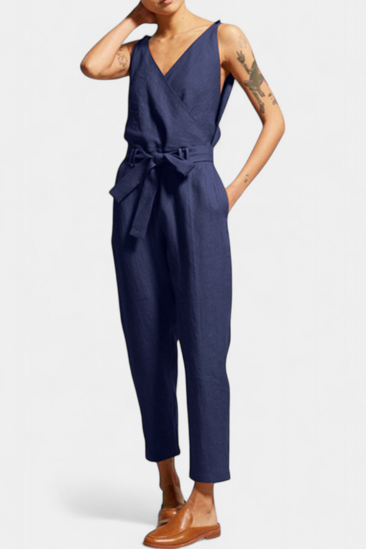 Maggie Sleeveless Jumpsuit with V-Neck and Crossed Waist in Cotton