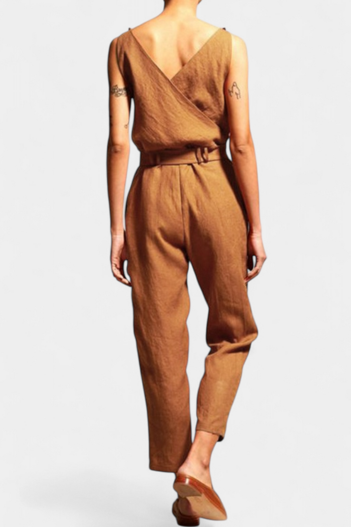 Maggie Sleeveless Jumpsuit with V-Neck and Crossed Waist in Cotton