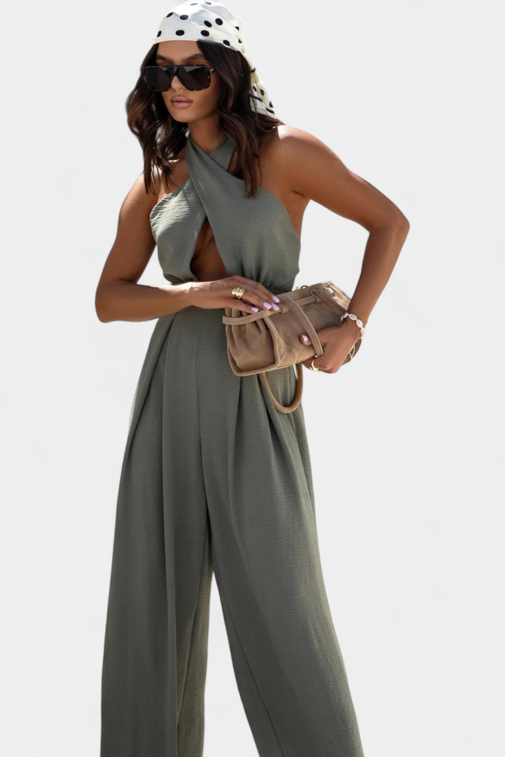 Jessica Mono Cross Halter Backless and Wide Leg Trousers