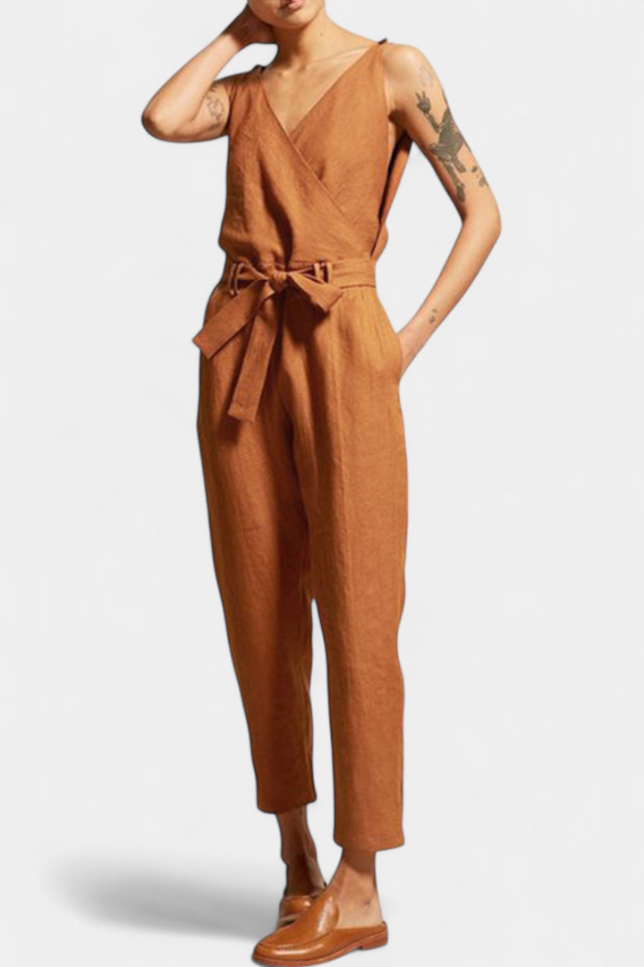 Maggie Sleeveless Jumpsuit with V-Neck and Crossed Waist in Cotton