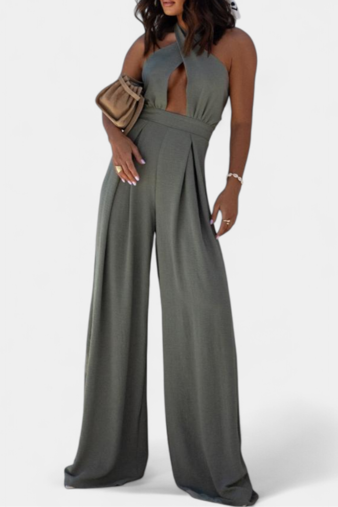 Jessica Mono Cross Halter Backless and Wide Leg Trousers