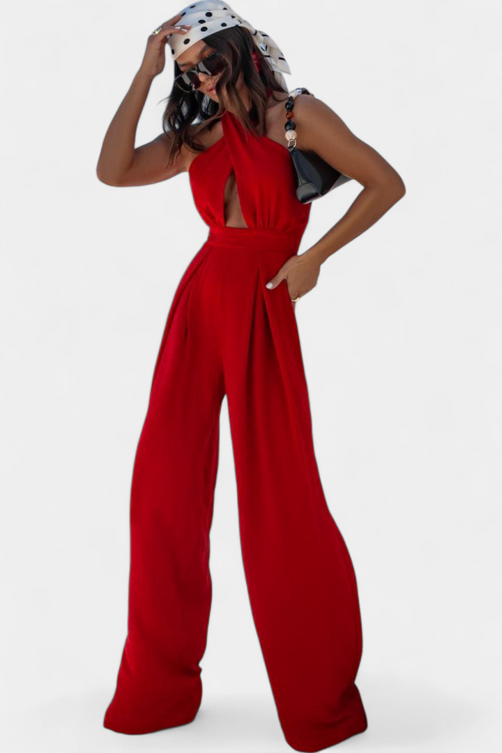 Jessica Mono Cross Halter Backless and Wide Leg Trousers
