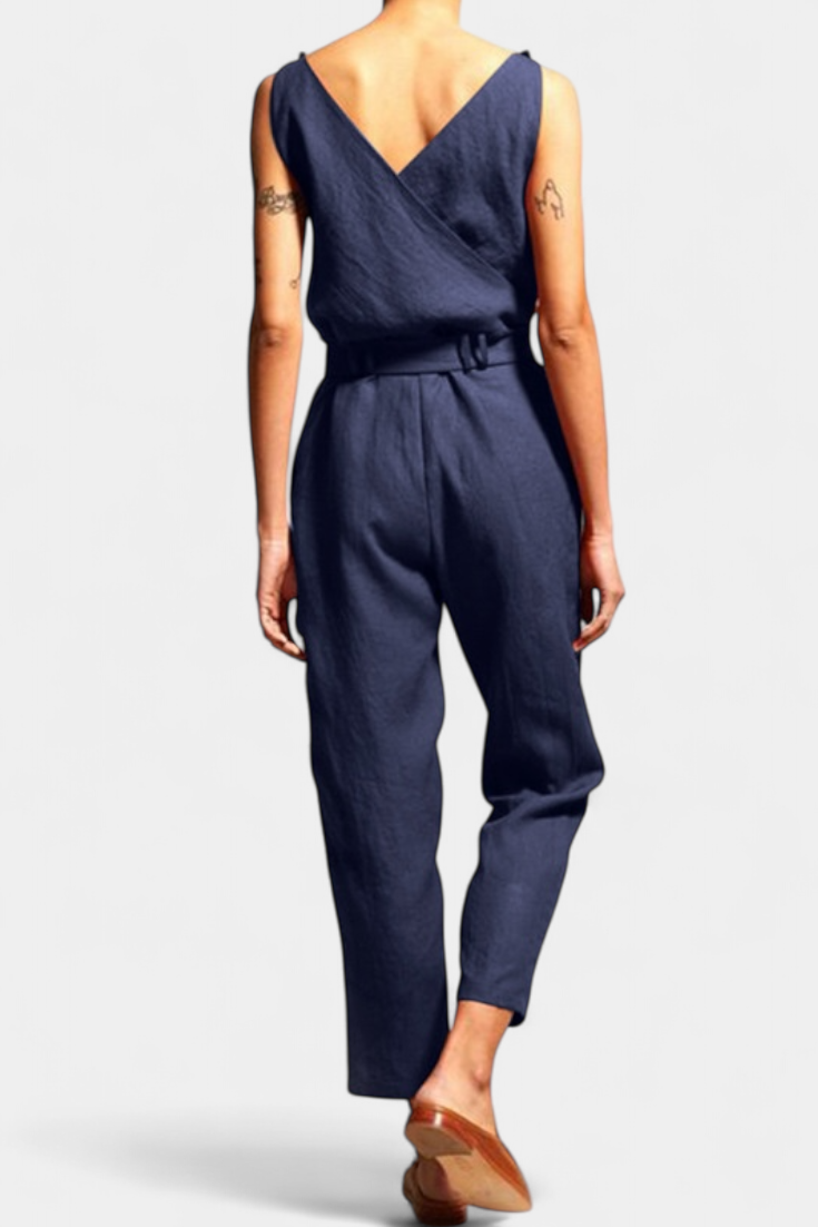Maggie Sleeveless Jumpsuit with V-Neck and Crossed Waist in Cotton