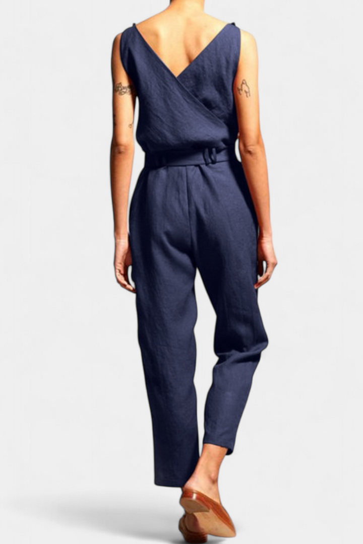 Maggie Sleeveless Jumpsuit with V-Neck and Crossed Waist in Cotton