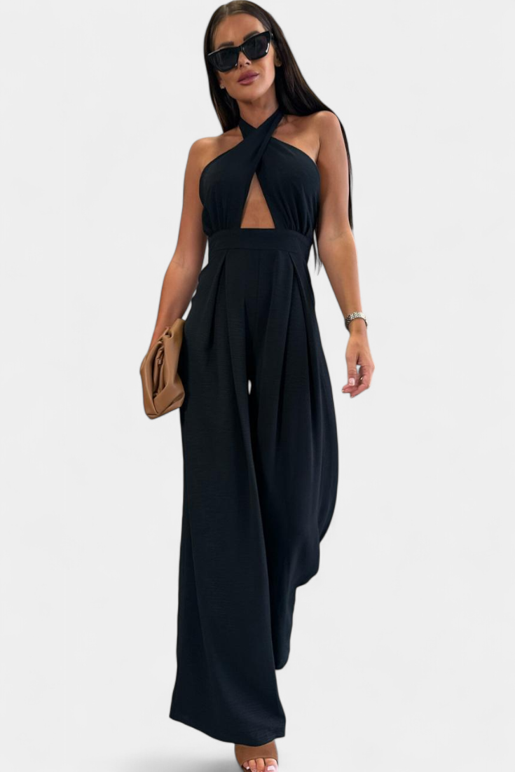 Jessica Mono Cross Halter Backless and Wide Leg Trousers