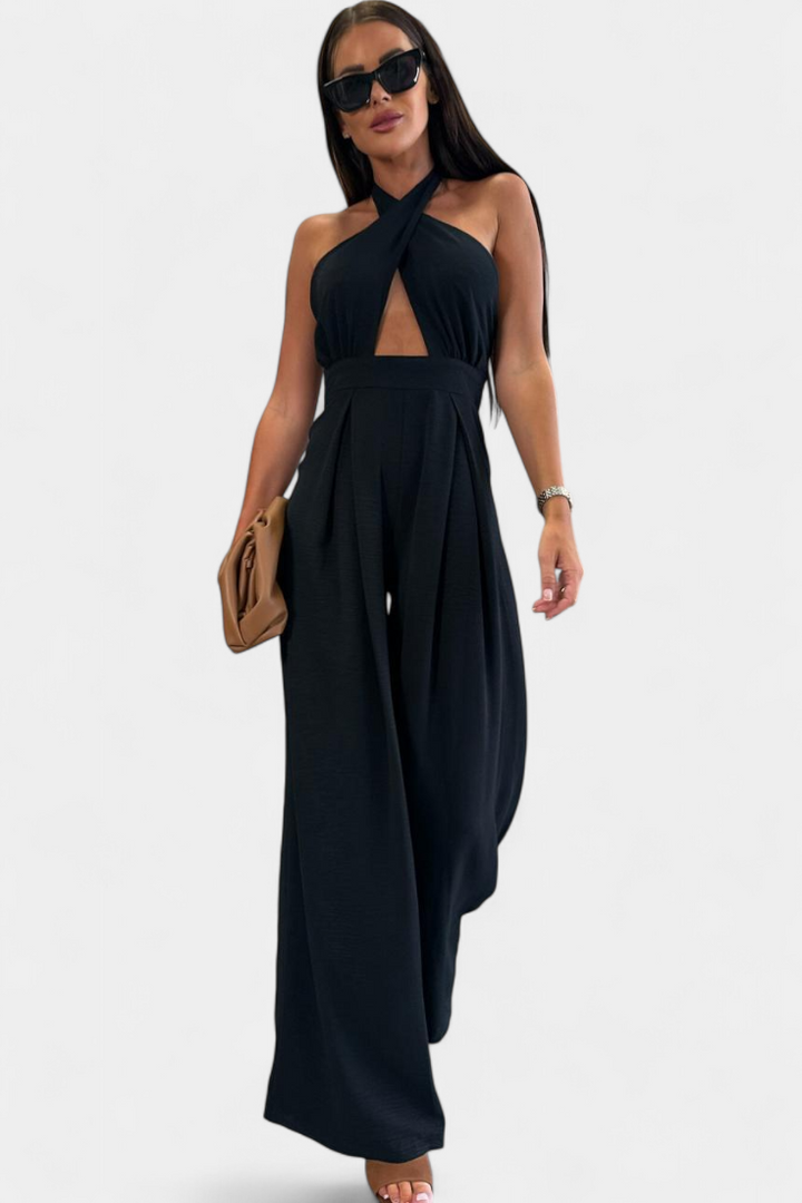 Jessica Mono Cross Halter Backless and Wide Leg Trousers