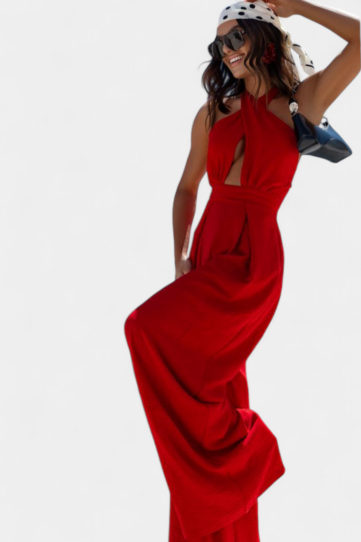 Jessica Mono Cross Halter Backless and Wide Leg Trousers