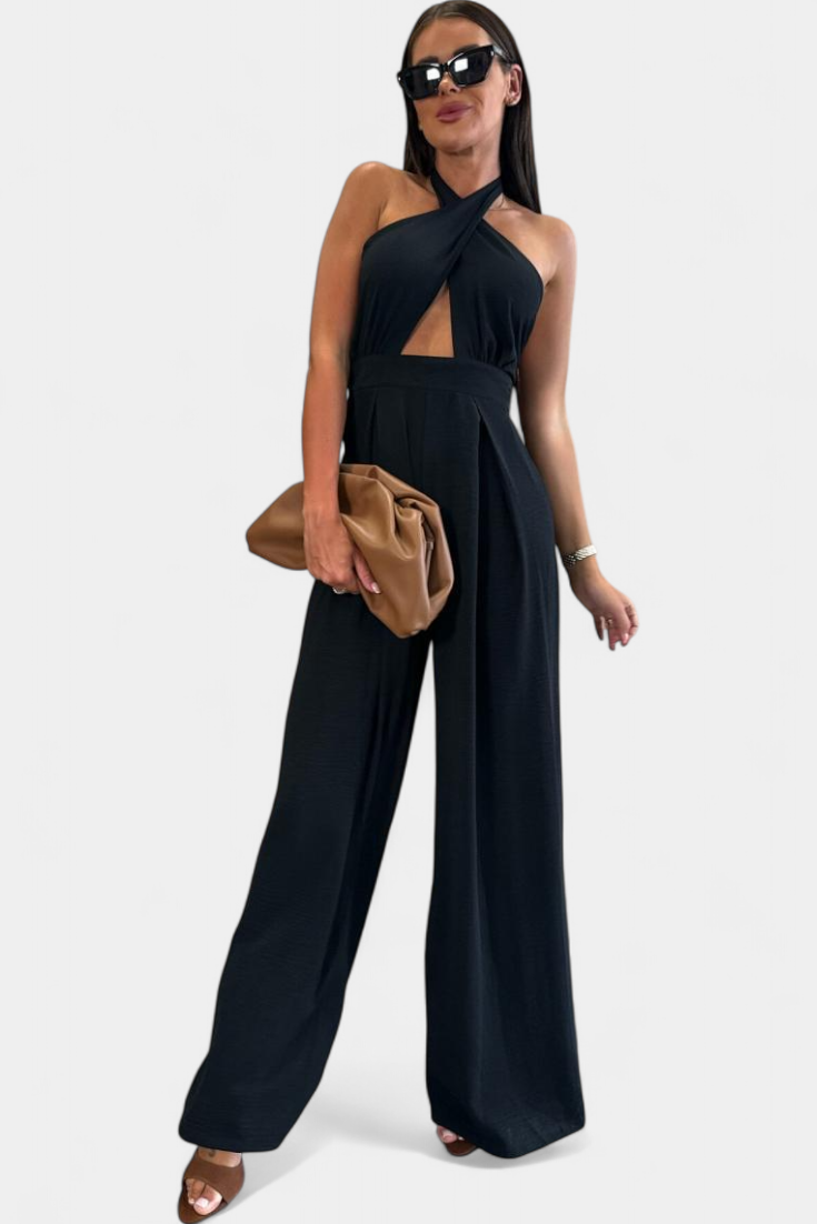 Jessica Mono Cross Halter Backless and Wide Leg Trousers