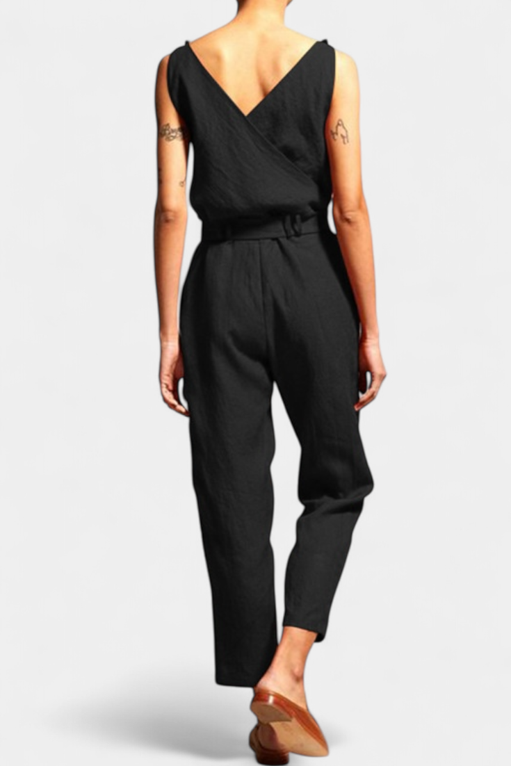 Maggie Sleeveless Jumpsuit with V-Neck and Crossed Waist in Cotton
