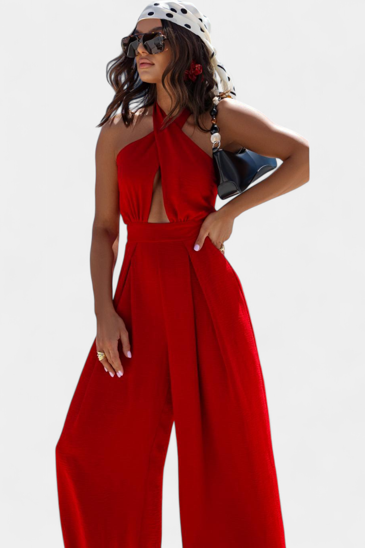 Jessica Mono Cross Halter Backless and Wide Leg Trousers