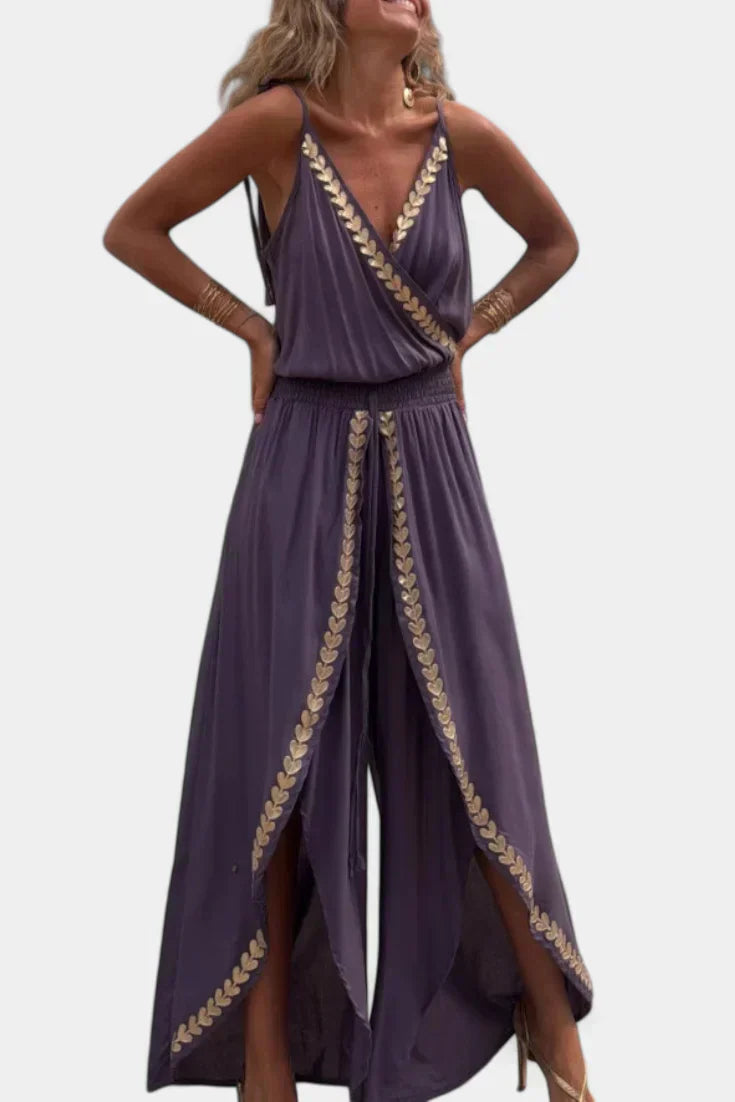 Donatila Unique Jumpsuit with Golden Details and Open Legs