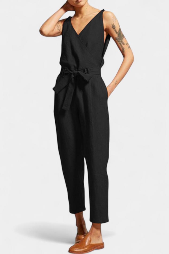 Maggie Sleeveless Jumpsuit with V-Neck and Crossed Waist in Cotton