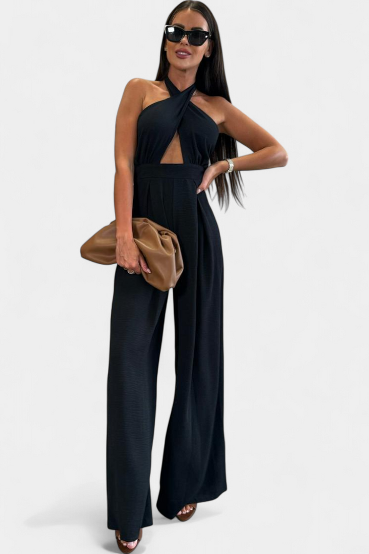 Jessica Mono Cross Halter Backless and Wide Leg Trousers