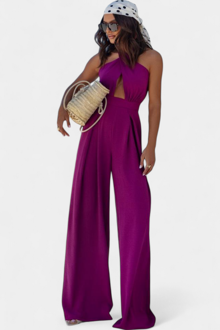 Jessica Mono Cross Halter Backless and Wide Leg Trousers