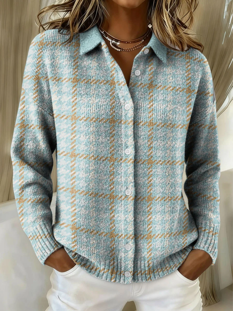 Clara™ | Sky-Blue Plaid Button Cardigan