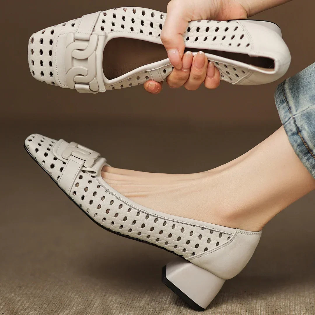 Vivienne | Woven Leather Square-Toe Heels