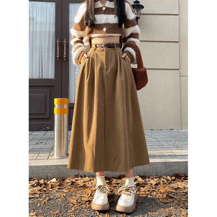 Estelle™ | Belted Corduroy Midi Skirt