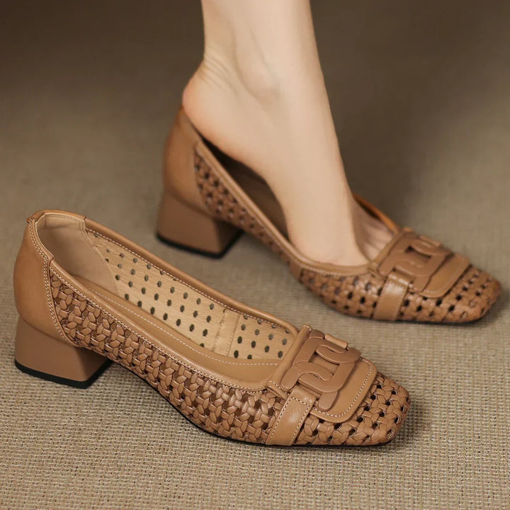 Vivienne | Woven Leather Square-Toe Heels