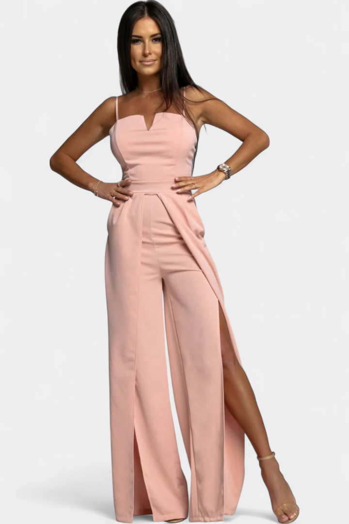 Prescillia Jumpsuit with Spaghetti Straps and Slit Legs