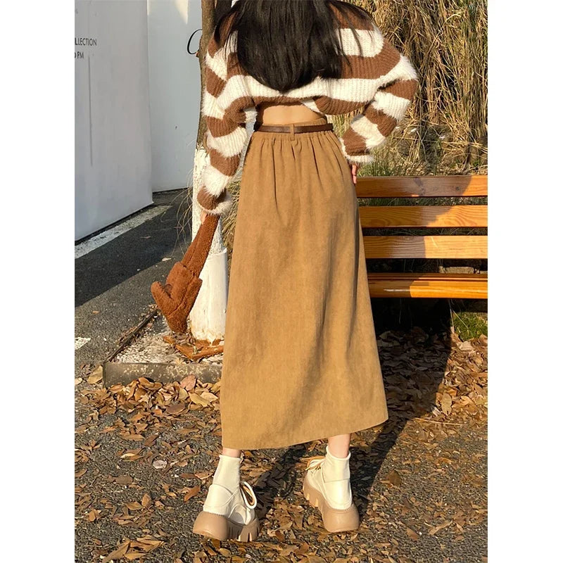 Estelle™ | Belted Corduroy Midi Skirt