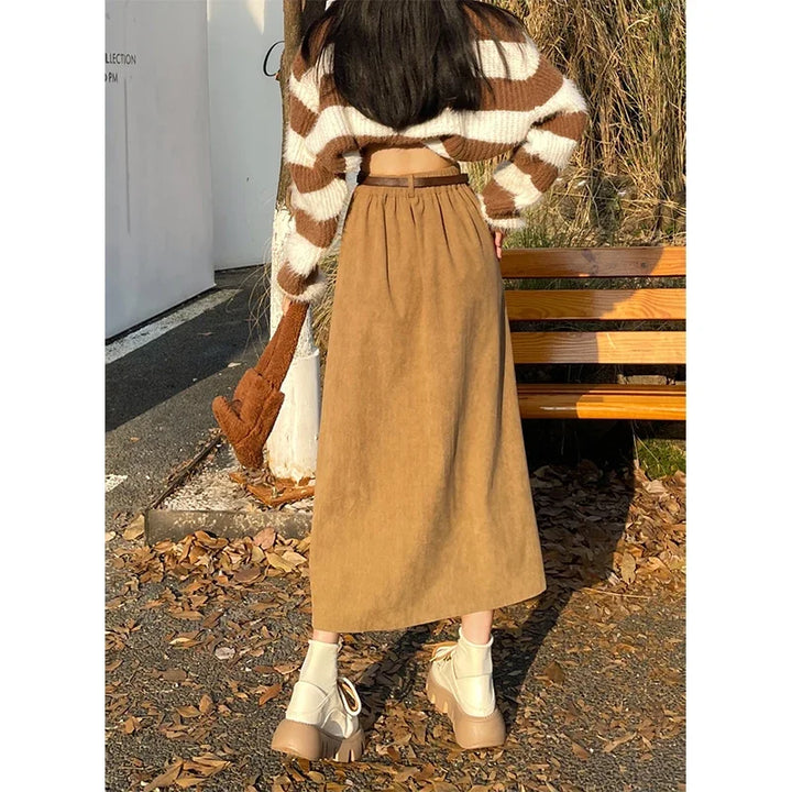 Estelle™ | Belted Corduroy Midi Skirt