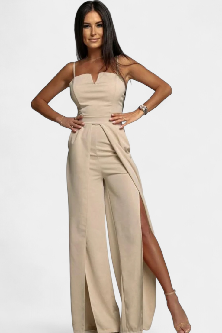 Prescillia Jumpsuit with Spaghetti Straps and Slit Legs