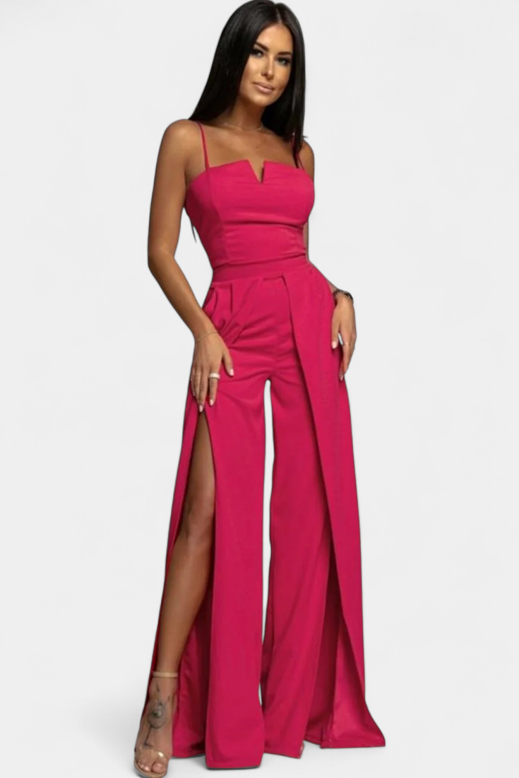 Prescillia Jumpsuit with Spaghetti Straps and Slit Legs