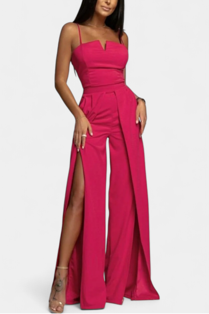 Prescillia Jumpsuit with Spaghetti Straps and Slit Legs