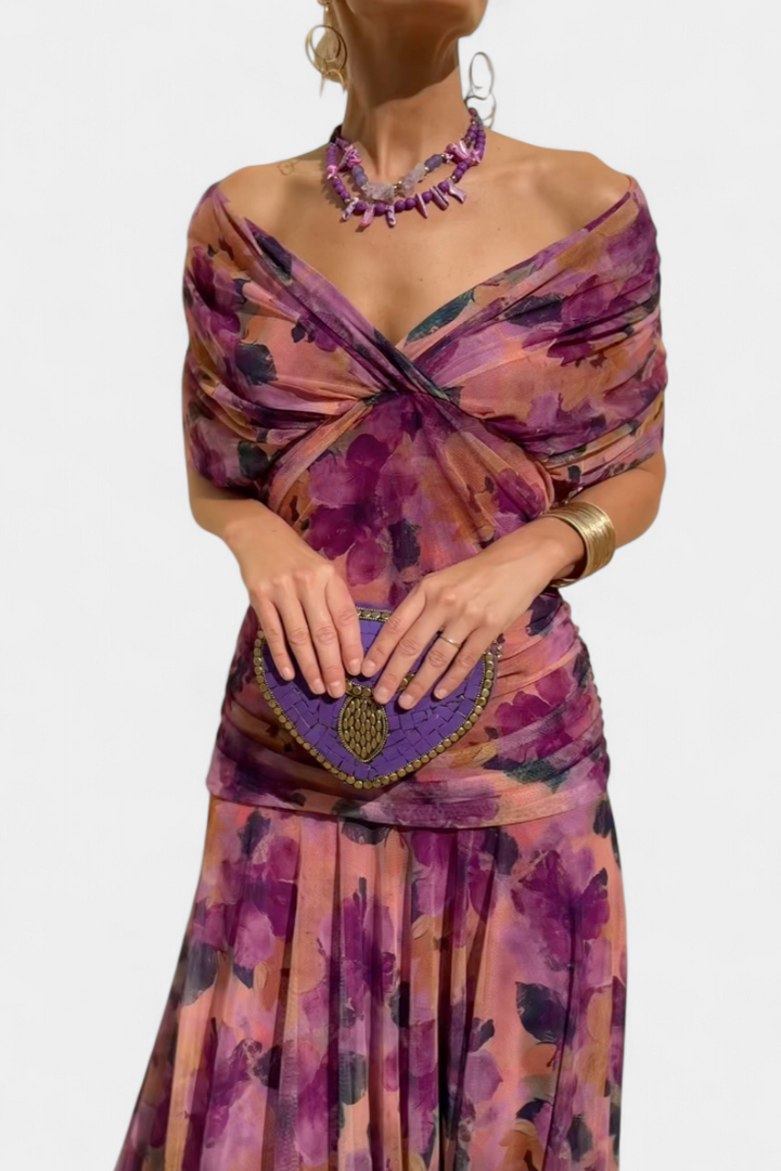 VIVIAN | LONG FLOWER V-NECK DRESS