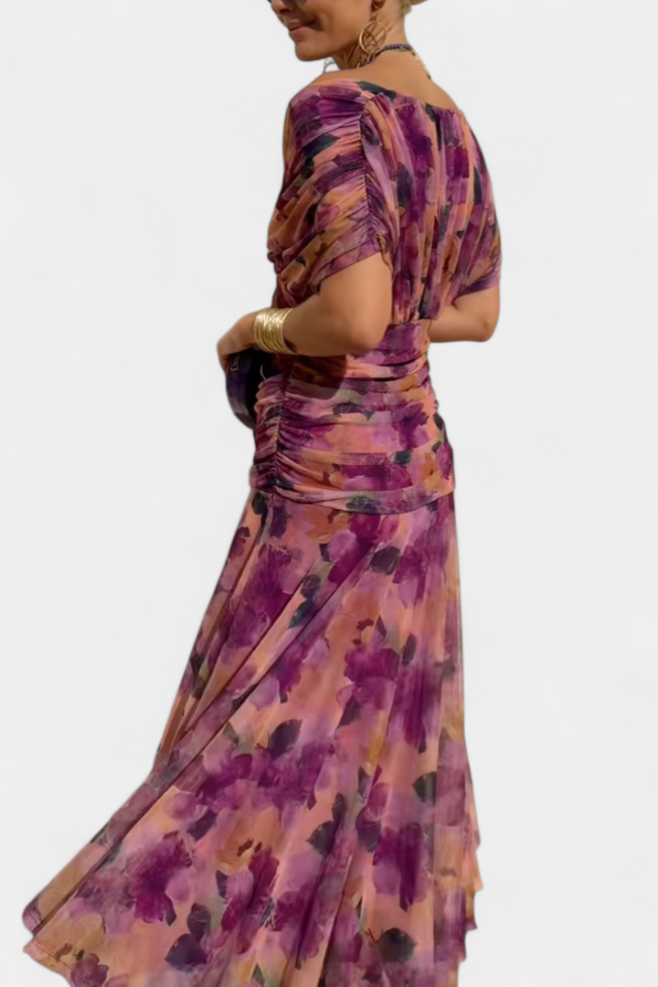 VIVIAN | LONG FLOWER V-NECK DRESS