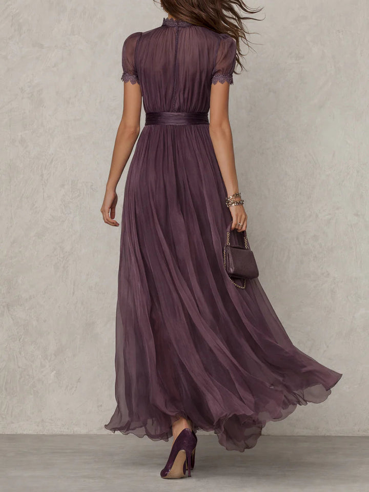 Flavia • Long Purple Dress with Keyhole Neckline, Chiffon Lace Trim