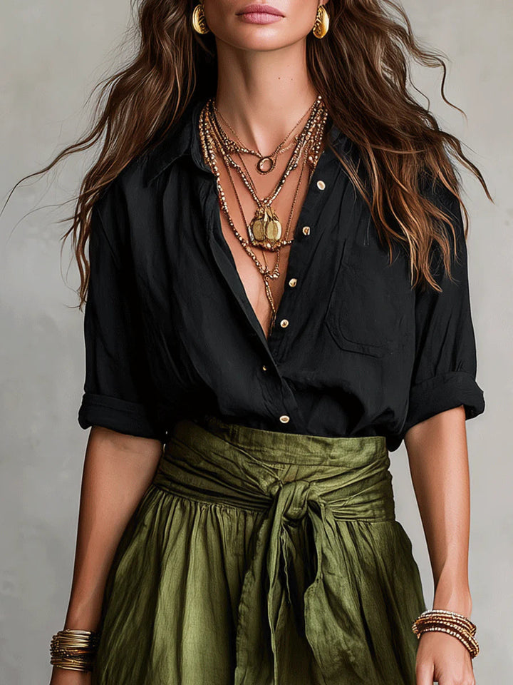 Vera | Black Tee & Olive Midi Skirt Set