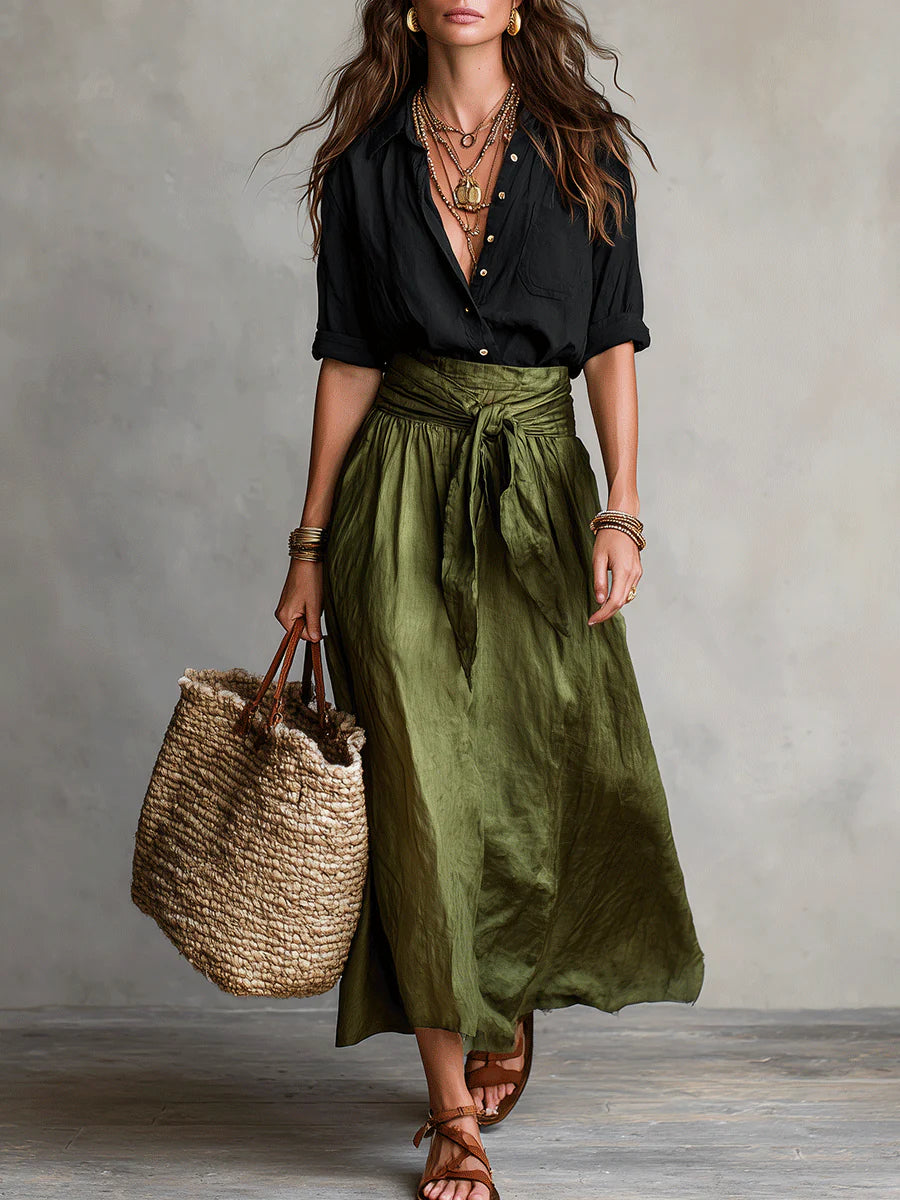 Vera | Black Tee & Olive Midi Skirt Set