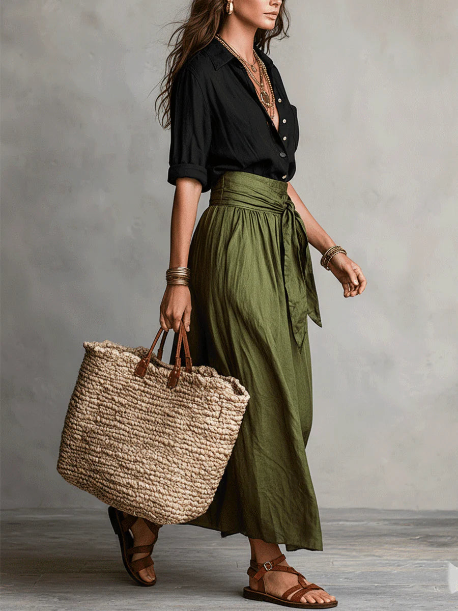 Vera | Black Tee & Olive Midi Skirt Set