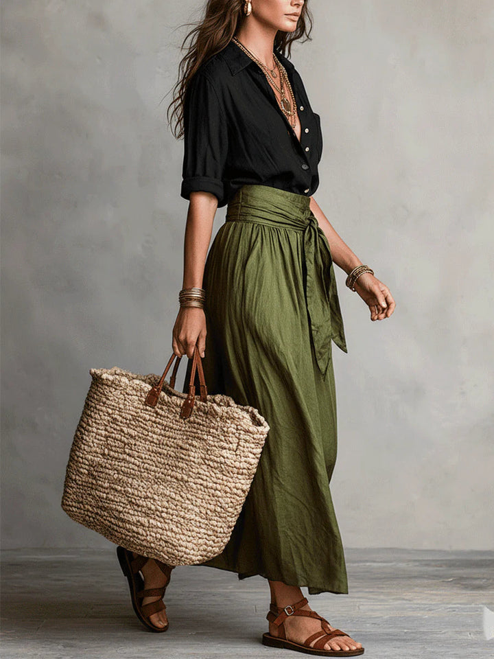 Vera | Black Tee & Olive Midi Skirt Set